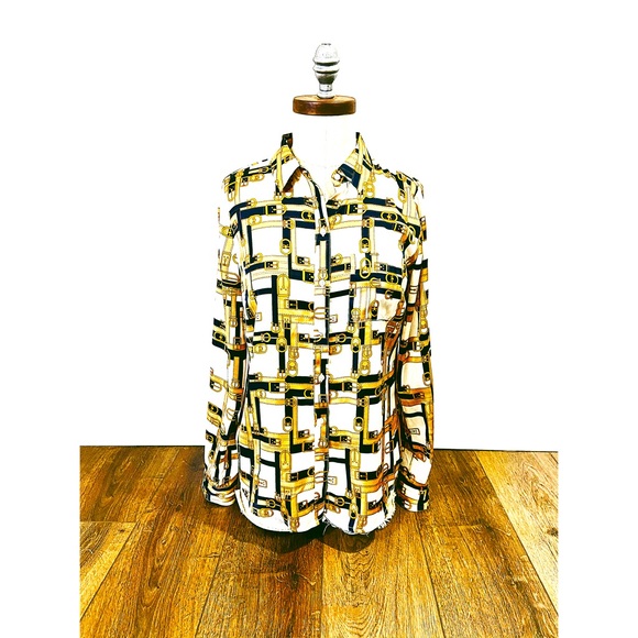 CYBER SALE🕊️vintage 80’s silky button down gold black buckle design blouse - Picture 2 of 10